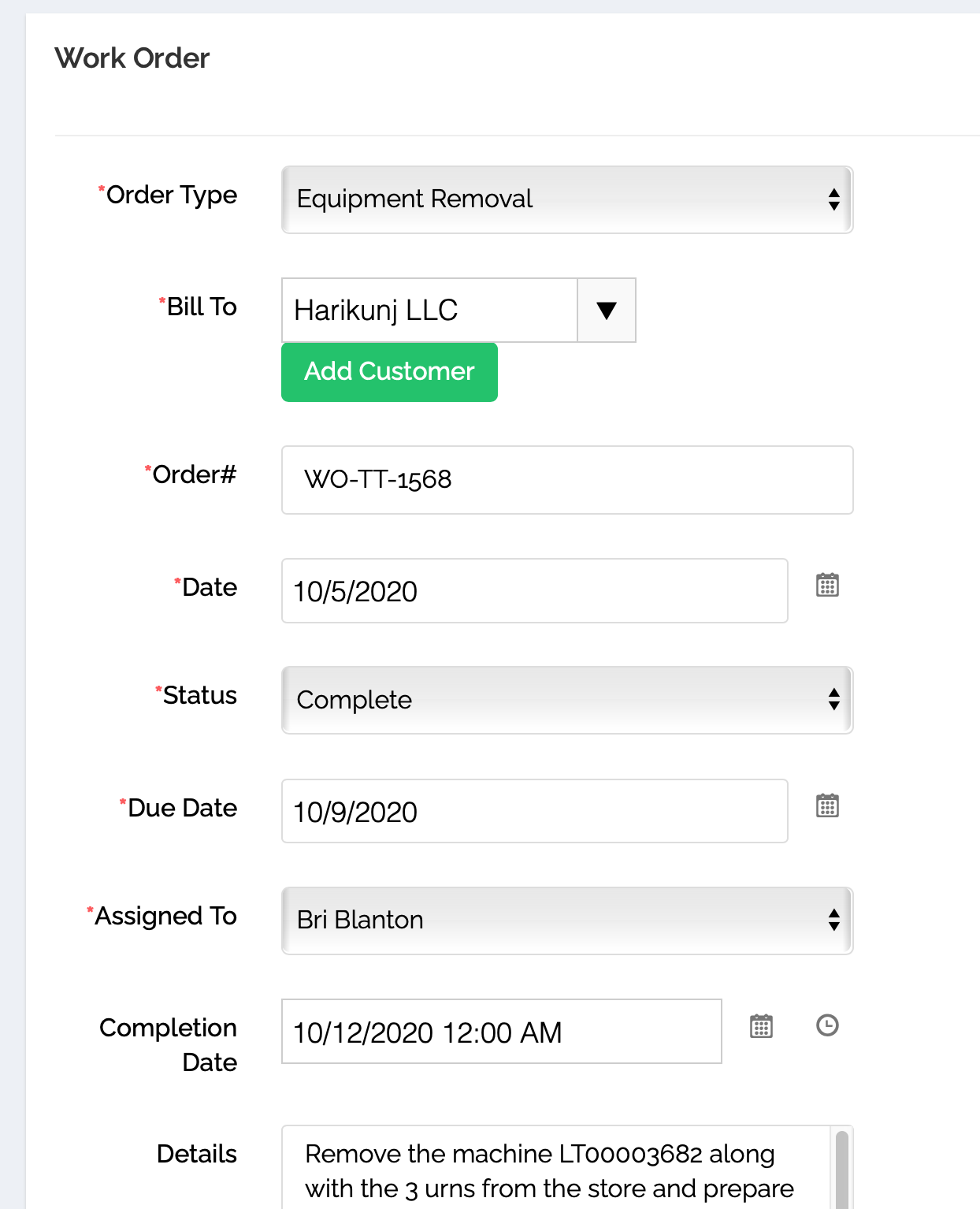 Accurants Removal Workorder